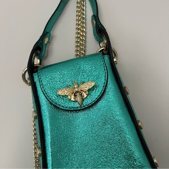 Elegant Teal Crossbody Italian Leather Bag with Gold Bee Accents - Picture 2 of 4